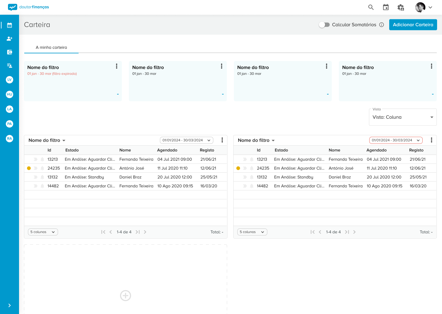 Clínica: Somatórios na Carteira e na Listagem de Processos